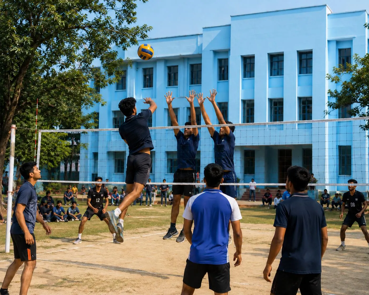 Students playing an inter-departmental volleyball match on the campus ground