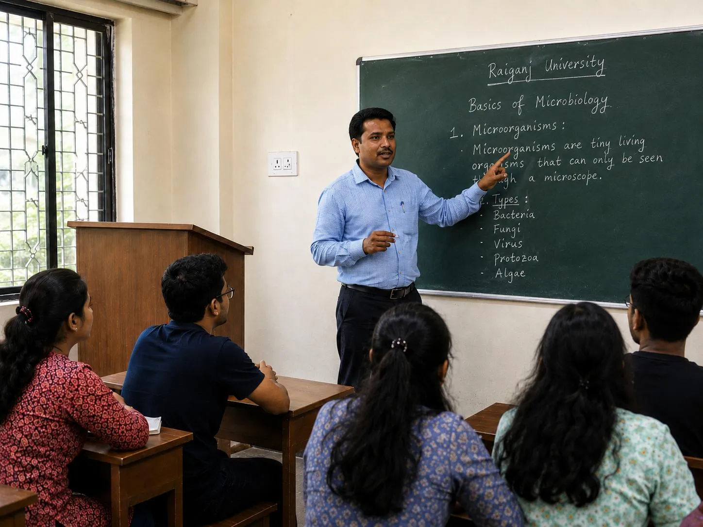 Faculty member teaching a microbiology class to students in a Raiganj University classroom