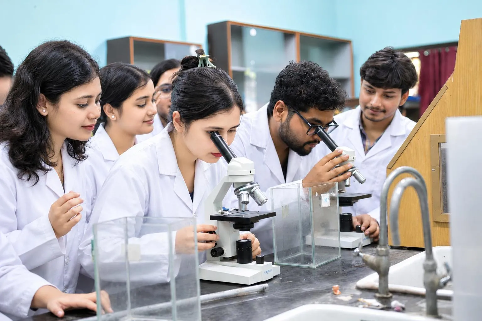 Students using microscopes during a laboratory practical class