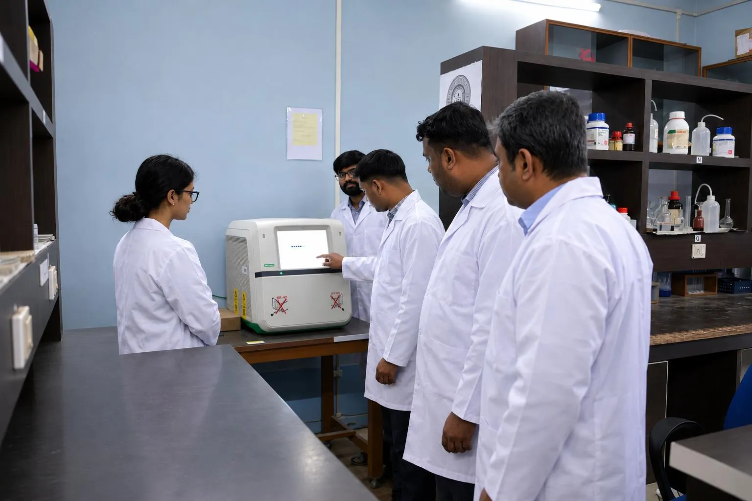Faculty and research scholars gathered around an analytical instrument in a laboratory