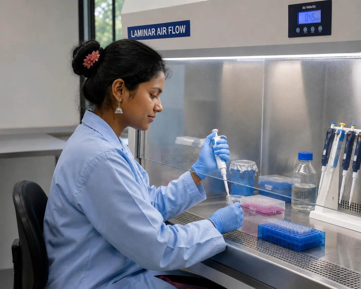 A researcher pipetting samples inside a laminar air flow workstation