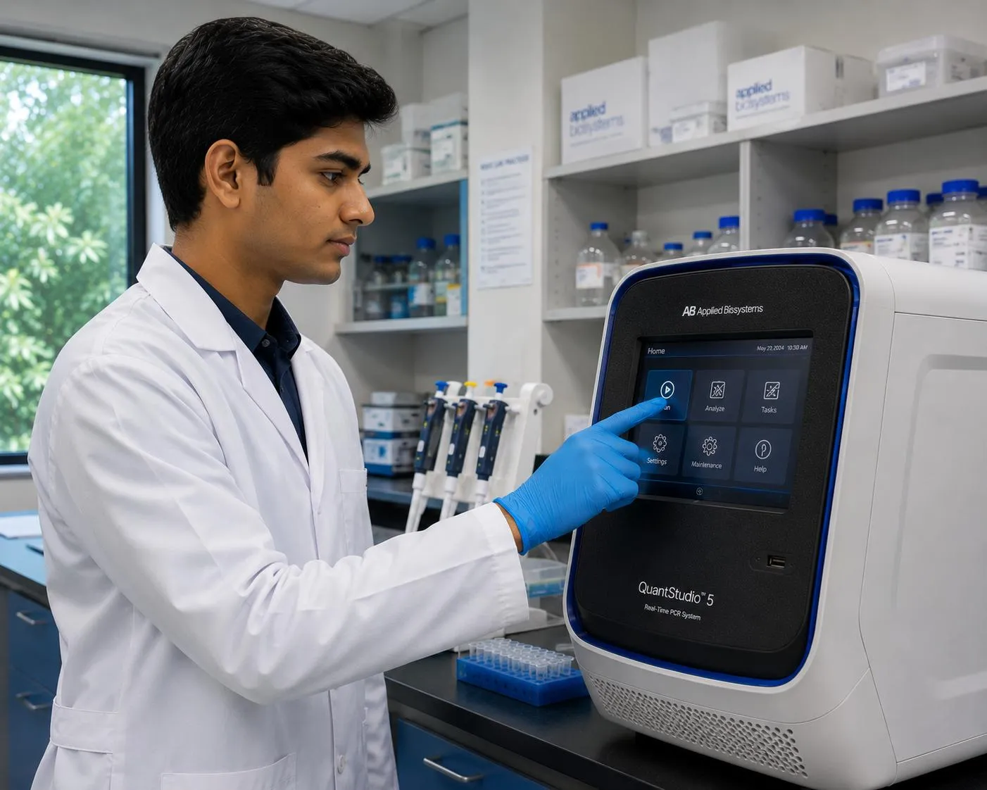 A researcher operating a real-time PCR instrument in a molecular biology laboratory
