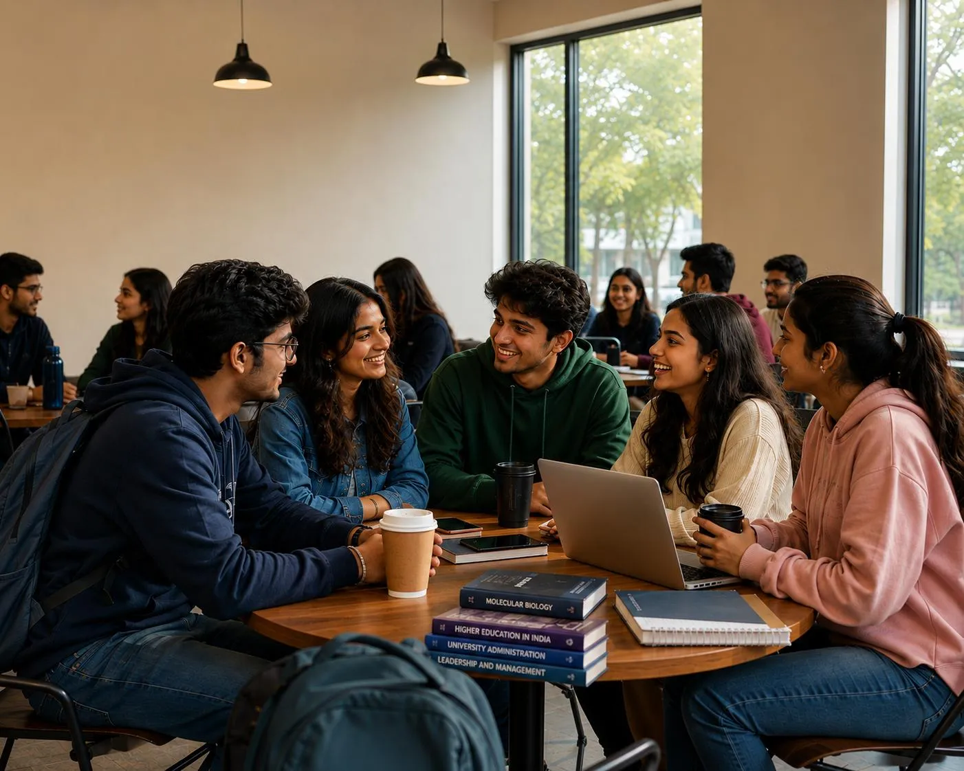 Students with books and laptops talking around a table between classes