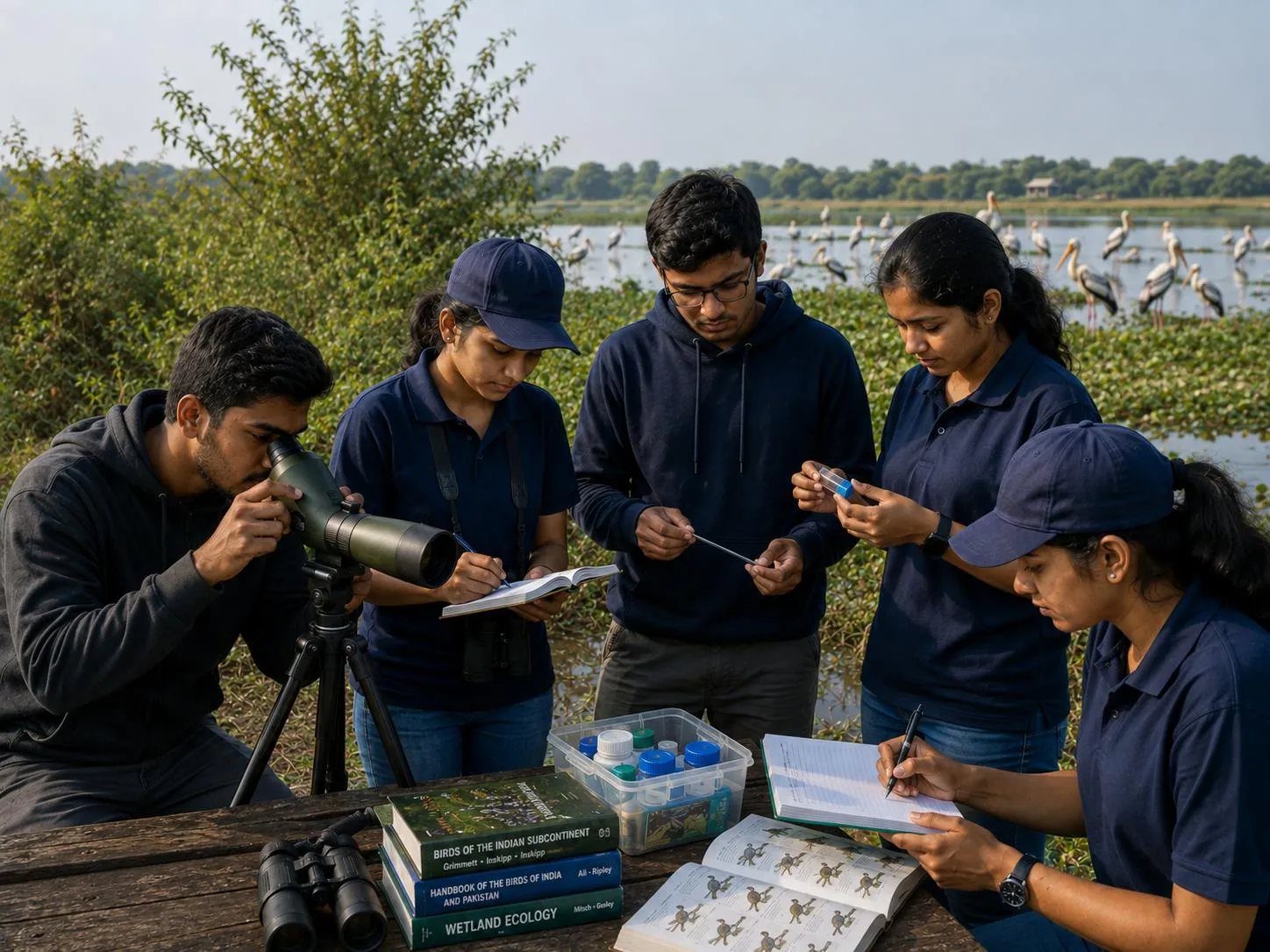 Students recording bird observations with a spotting scope beside a wetland